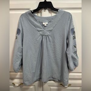 J. Jill Blue Pinstripe Floral Embroidered 3/4 Sleeve Peasant Top Size Large